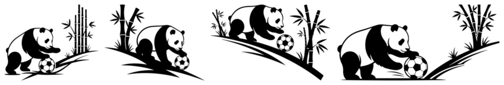 Panda playing soccer with football near bamboo trees black and white vector silhouette