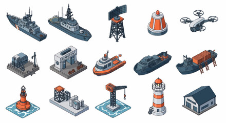 Collection of Isometric Naval Vessels and Maritime Infrastructure Elements. © Fahri
