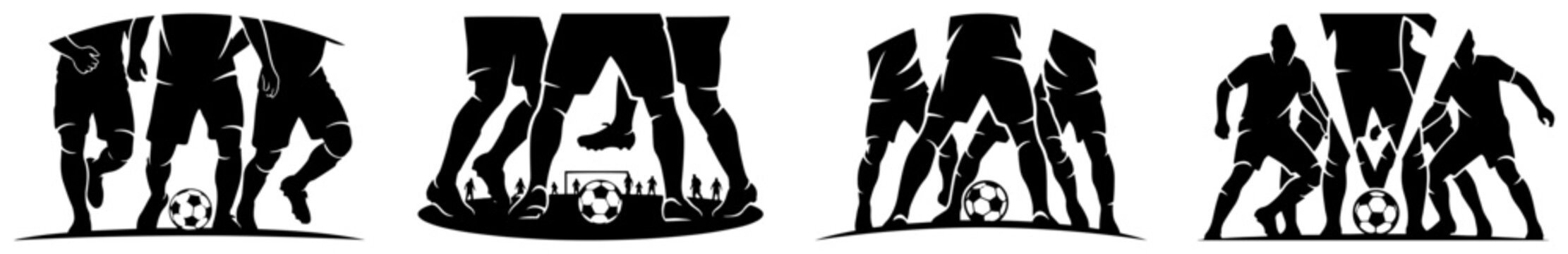 Soccer players legs and boots with a football in geometric frames stencil vector style