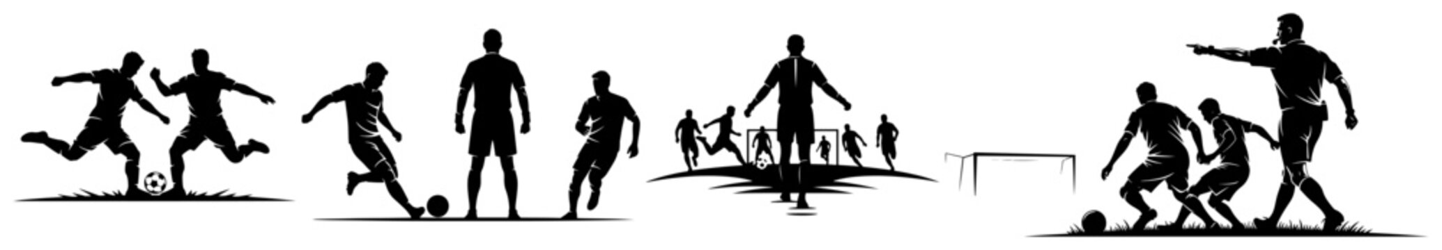soccer match scenes set showing players dribbling passing and referee officiating in black and white silhouette style
