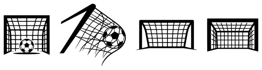 Soccer goalposts and nets with football scoring set black and white vector icon © Cristiano