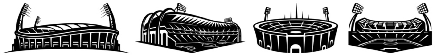Soccer arena stadiums with modern architecture set black and white vector silhouette © Cristiano