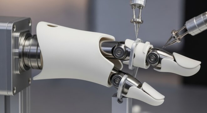 Robotic hand prototype undergoing precision assembly by automated tools