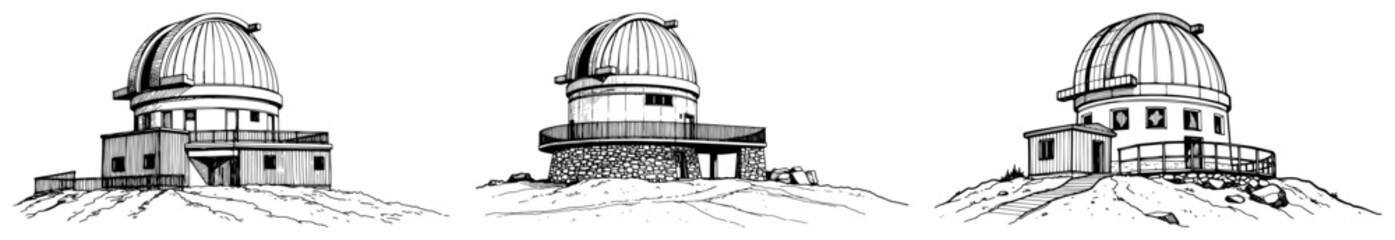Astronomical observatories with telescope dome structures on hills set black and white vector sketch © Cristiano