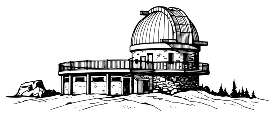 Astronomical observatory building with dome on a rocky hill hand drawn architectural sketch style © Cristiano