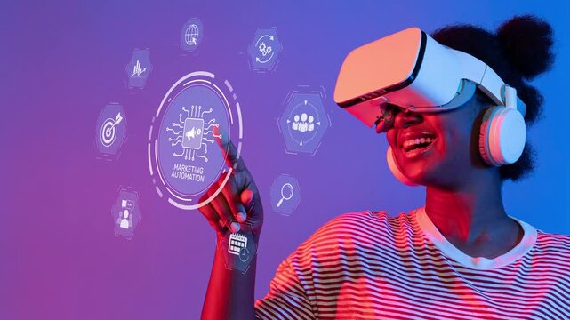 A woman wearing a virtual reality headset explores marketing automation concepts with joy and enthusiasm, set against a vibrant background that enhances her engagement. Raster