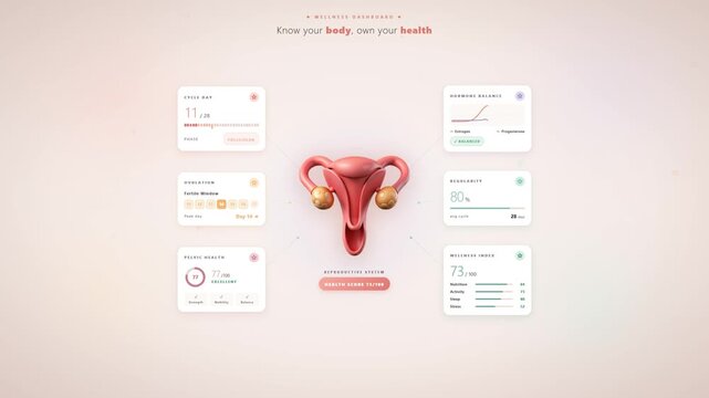 Female reproductive health awareness dashboard with cycle ovulation fertile window pelvic wellness and hormone balance
