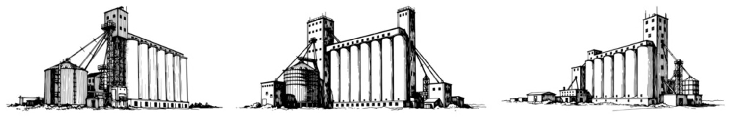 grain elevator storage facilities set showing agricultural silos in hand drawn sketch style © Cristiano
