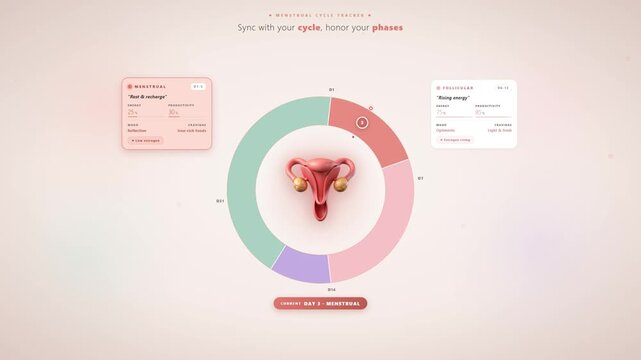 Menstrual cycle tracker dashboard with phases menstrual follicular ovulation luteal and reproductive system anatomy