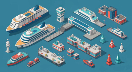 Isometric view of various ships and port infrastructure elements. © Fahri