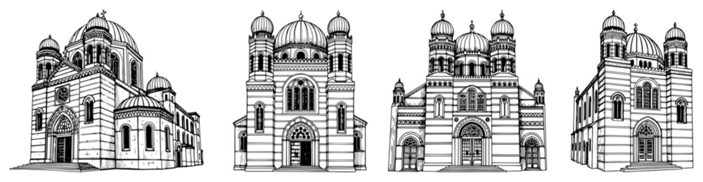 Byzantine and Romanesque style cathedral buildings with rounded domes hand drawn architectural line art style