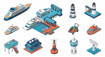 Isometric Illustration of Various Nautical Vessels and Maritime Elements. © Fahri