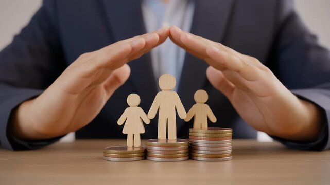 Protective hands shield family on coins, symbolizing security, insurance, and financial stability together.