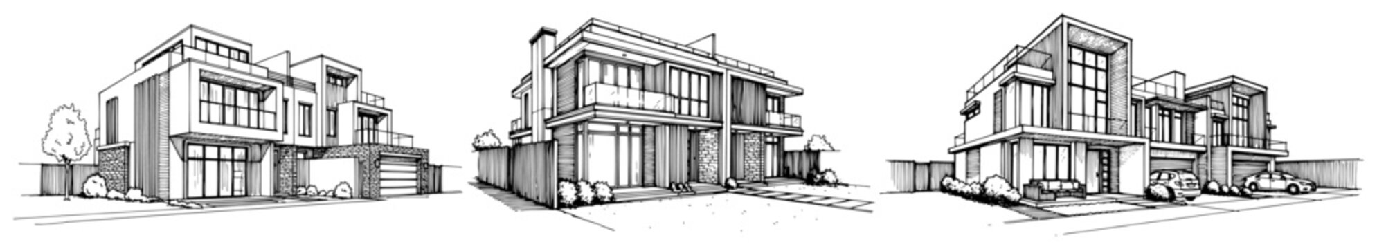 Modern luxury houses with contemporary duplex architecture set black and white vector sketch