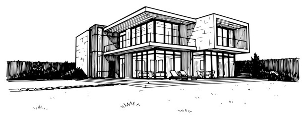 luxury contemporary two story villa house with glass facade and stone wall in hand drawn sketch style © Cristiano