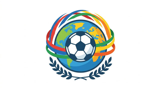 Global Soccer Ball Emblem with World Map and Laurel Wreath.