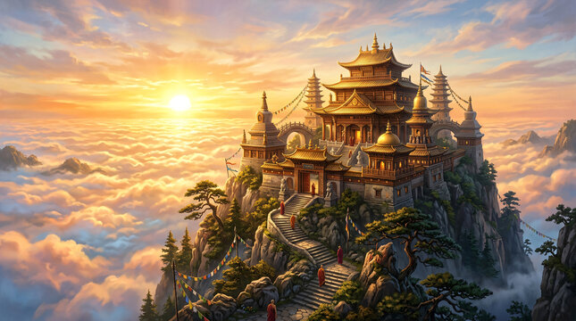 Majestic Fantasy Buddhist Monastery on Mountain Peak Above Clouds