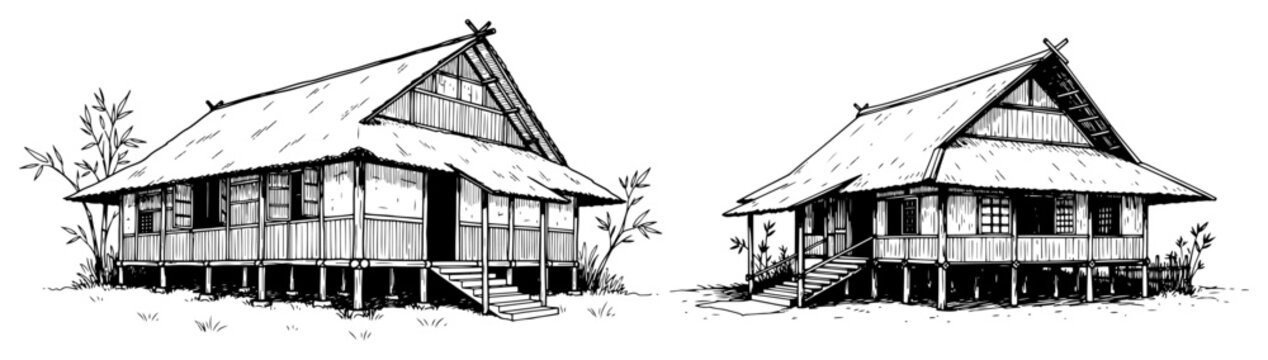 Tropical wooden huts on stilts in traditional village style hand drawn architectural sketch style
