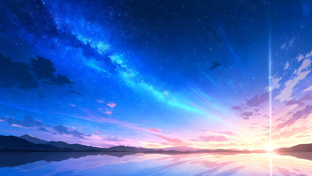 Dramatic sunrise light blending with summer Milky Way above a glassy lake, vibrant pink and orange dawn sky background with text space