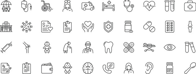 Fototapeta premium Medical Line Icon Set Healthcare Outline icons. Hospital Clinical Thin Stroke Pictograms including icons of nurse, brain, heart, tooth, stethoscope, pill, syringe and doctor. Editable stroke.
