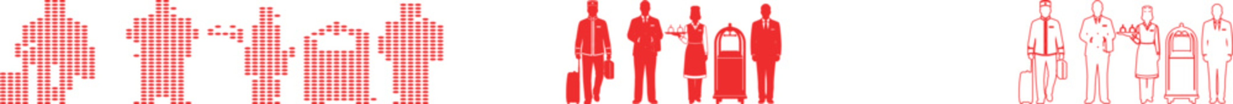 Group of service professionals in red silhouette and dot art styles hotel staff bellhop