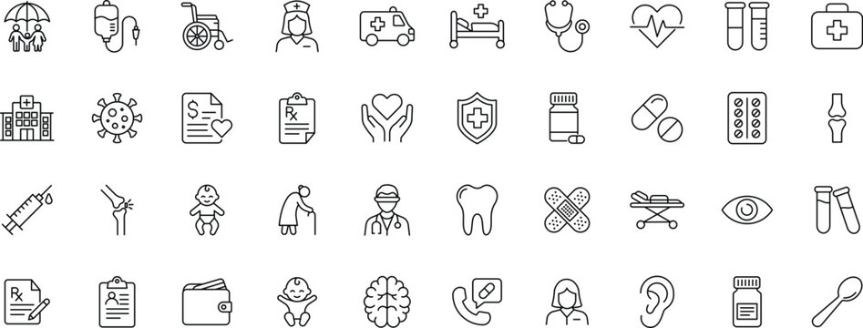 Medical Line Icon Set Healthcare Outline icons. Hospital Clinical Thin Stroke Pictograms including icons of nurse, brain, heart, tooth, stethoscope, pill, syringe and doctor. Editable stroke.