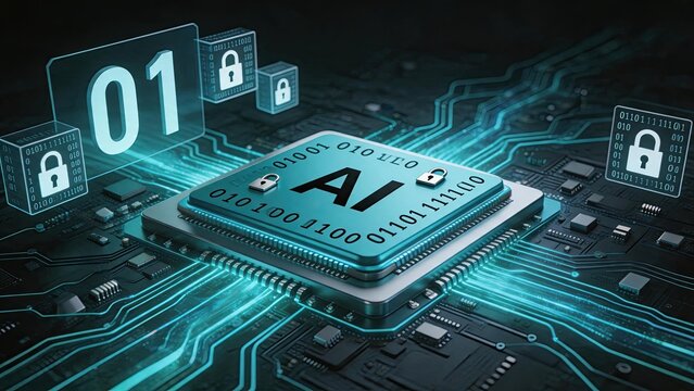 Close up of AI microprocessor chip on circuit board with binary code and padlock icons, cybersecurity, data encryption, digital protection, hardware technology, information