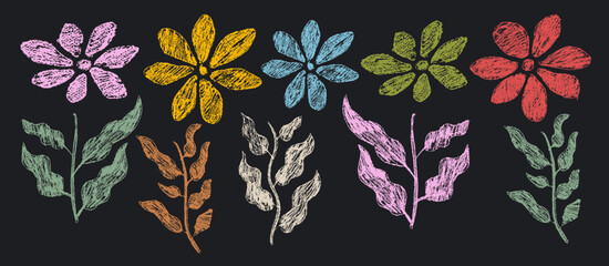 Colored floral pattern with bold hand drawn botanical flowers and leaves in crayon and ink style. Fresh modern design for fabric, posters, wallpaper, packaging, and decorative surfaces. Vector flowers © Anatoliy