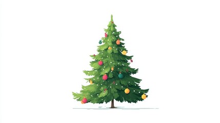 Fototapeta premium A Christmas tree, festive element, flat vector design, bright green with colorful baubles, isolated on white background.
