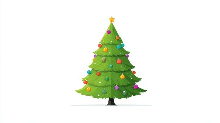 Fototapeta premium A Christmas tree, festive element, flat vector design, bright green with colorful baubles, isolated on white background.
