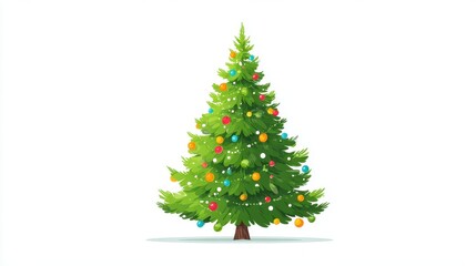 Fototapeta premium A Christmas tree, festive element, flat vector design, bright green with colorful baubles, isolated on white background. 
