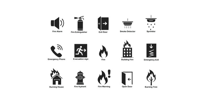 Fire Safety Icons Black Silhouette Set On White Background
