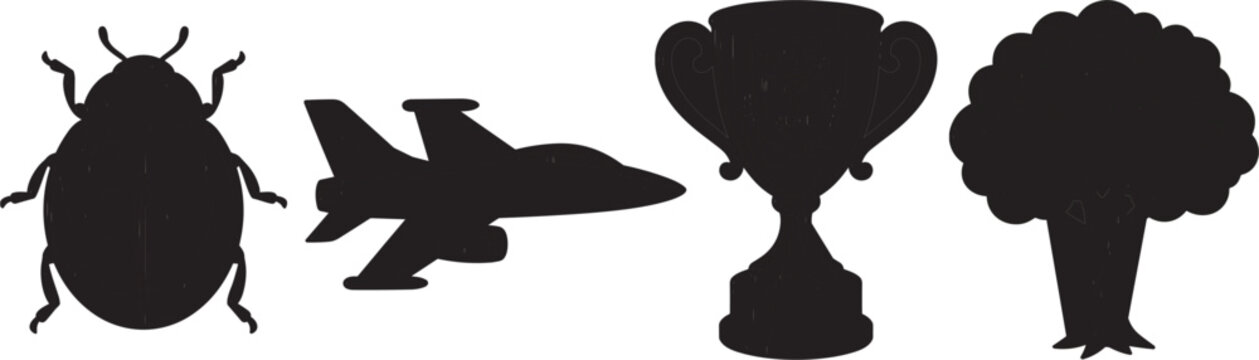 Black silhouettes of a ladybug jet airplane golden trophy and green tree vector shapes set isolated on white background
