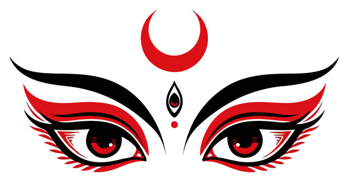 Durga Puja goddess eyes with third eye and crescent moon in stylized graphic design