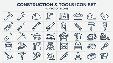 Fototapeta premium Forty Black Line Construction Tool Icons with Hammer Drill Saw and Excavator on White Background