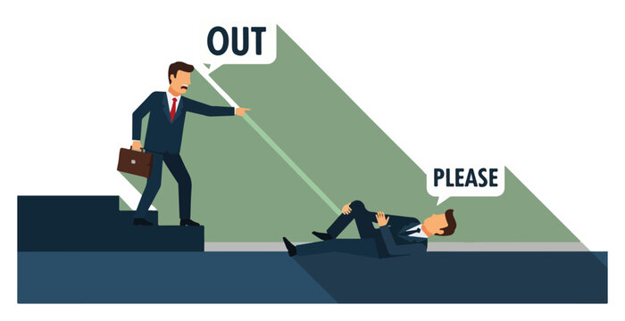 Angry boss firing employee pointing to exit and saying out while worker begs to stay in flat vector style