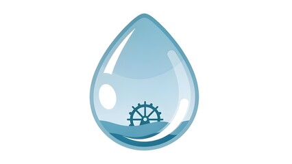 Obraz premium Modern Water Droplet Logo Design with Watermill Wheel Inside, Conceptual Hydroelectric Renewable Energy and Sustainability Symbol, Clean Eco Power Corporate Branding Flat Vector Graphic