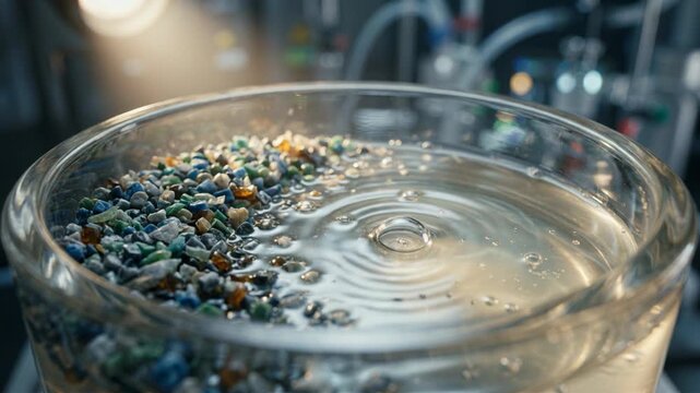 Circular chemistry materials green chemistry glass bowl filled with water and colorful granule ripple recycled plastic pellets creating gentle