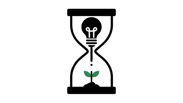 Conceptual Hourglass Illustration with Light Bulb on Top and Small Sprouting Plant at the Bottom, Green Idea Time and Sustainable Growth Metaphor, Eco Friendly Renewal Power Vector Graphic