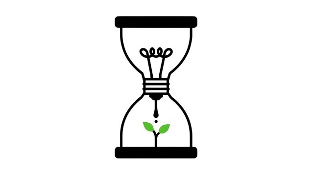 Conceptual Hourglass Illustration with Light Bulb on Top and Small Sprouting Plant at the Bottom, Green Idea Time and Sustainable Growth Metaphor, Eco Friendly Renewal Power Vector Graphic