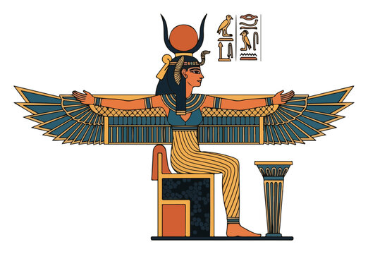 Ancient Egyptian goddess Isis sitting on throne with wings spread historical vector style