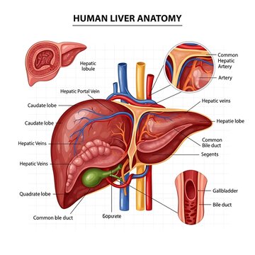 Detailed anatomical diagram of human liver structure.