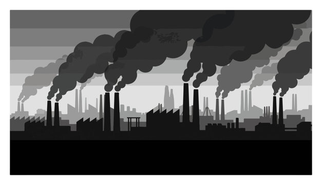 Industrial factory air pollution with smoke emitting from chimneys in monochrome vector style