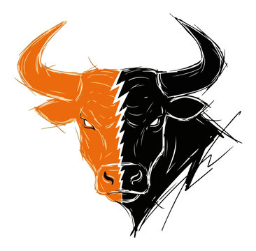 Bull head split in half with lightning bolt in orange and black hand drawn sketch style