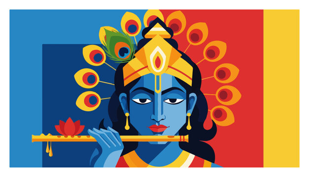 Lord Krishna playing flute with peacock feather crown in colorful flat graphic design style
