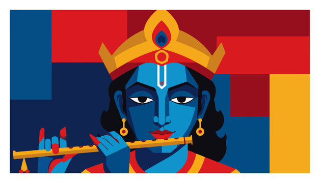 Lord Krishna playing flute on colorful geometric background flat vector style