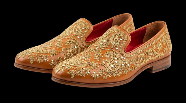 Luxury Punjabi mojari shoes featuring intricate gold zari and paisley zardosi embroidery.