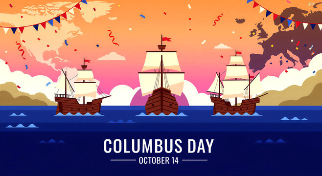 Colorful columbus day celebration illustration with historic ships sailing under festive decorations and world map backdrop
