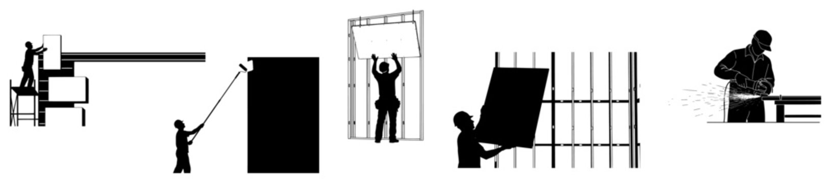 Construction workers installing drywall plastering and cutting metal silhouettes black and white style