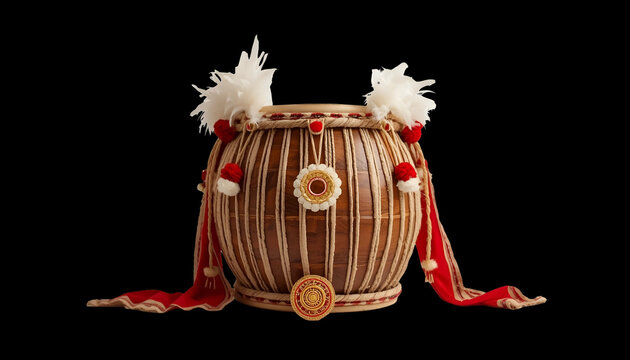 Traditional Indian double headed dholak hand drum with red tassel accents for sangeet.